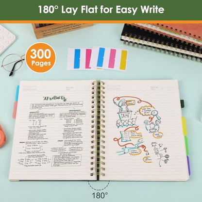LABUK 5 Subject Notebook College Ruled with Movable Tab Dividers, 300 Pages 8"x10"/B5 Leather Hardcover Spiral Notebook, 100GSM Thick Journal Notebooks for Work, School, Green - color: 3-green