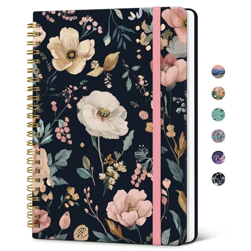 Taja Spiral Lined Journal for Women, Notebook for Work with Pretty Cover, 140 College Ruled Pages, Hardcover Notebook for Journaling, Note Taking, Bible Study, Evening Petals - color: G-Evening Petals
