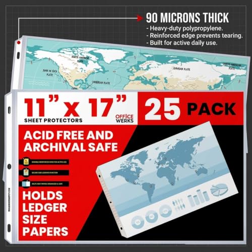 11x17 Sheet Protectors, 25 Pack, Heavyweight, Clear Page Protectors | Side Loading, Landscape, Ledger Size, 3 Hole Punched for 3 Ring Binder, Acid-Free Archival Safe Polypropylene Sleeves
