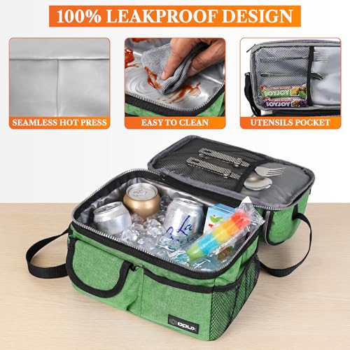 opux Insulated Lunch Bag Women Men, Dual Compartment Leakproof Lunch Box Adults Kids, Double Decker Meal Prep Bento Lunch Cooler Tote with Shoulder Strap for Work Office School Travel, Green - color: Heather Green