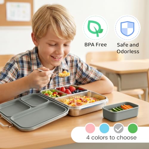 Pawtong Stainless Steel Bento Box for Kids and Adults, 3 Compartment Leakproof Lunch Box with Removable Silicone Seal and Silicone Contianer, Metal Lunch Container for School, Work and Travel (Grey) - color: Gray