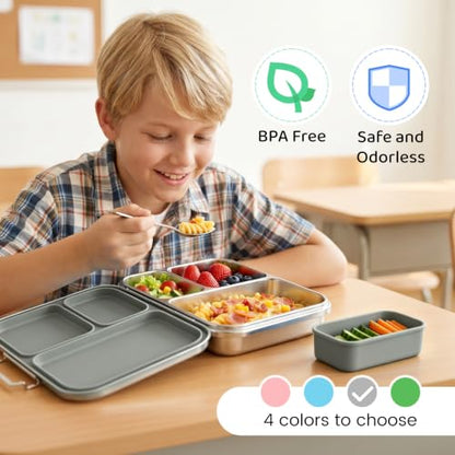 Pawtong Stainless Steel Bento Box for Kids and Adults, 3 Compartment Leakproof Lunch Box with Removable Silicone Seal and Silicone Contianer, Metal Lunch Container for School, Work and Travel (Grey) - color: Gray