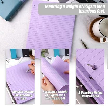 200 Sheets Wide Ruled Filler Paper, 8x10.5 Inch, 3-Hole Punched for Binders - 100 Purple & 100 Blue, Fights Ink Bleed, for School College Office