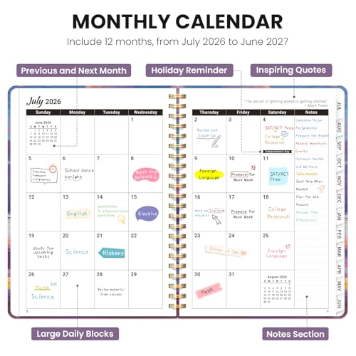 Planner 2026-2027, Academic Planner Weekly and Monthly, Jul 2026 - Jun 2027, Spiral Bound School Planning Tool with Tabs and Pocket, Perfect for Students & Teacher, 6.3" x 8.5", Sky Reverie - color: Z-Sky Reverie, size: 6.3"x8.5" (A5)