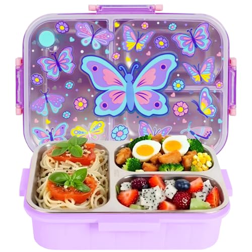 Stainless Steel Bento Lunch Box for Kids, 800ml/27oz BPA-Free Leak-Proof Food Containers with 3 Compartments, Freezer & Dishwasher Safe, Back to School Students Lunches Size for Ages 3-7 - color: B05. Butterfly
