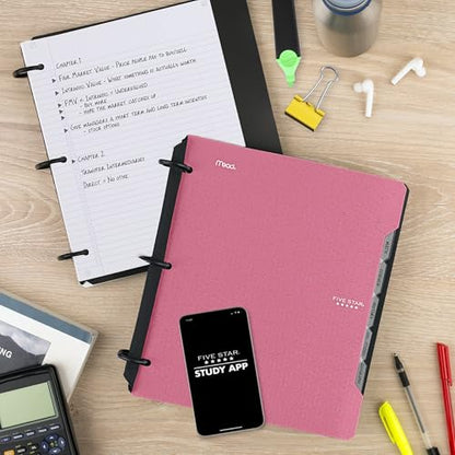 Five Star Flex Refillable Notebook + Study App 1.5 Inch O-Rings Binder with Pockets Tabs and Dividers, 300 Sheet Capacity, Includes 80 Sheets 8.5" x 11" College Ruled Paper, Prom Pink (293240R) - color: Prom Pink, size: 1 Pack