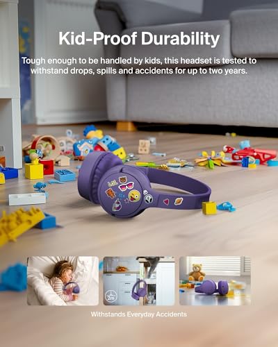 Belkin SoundForm Mini - Wireless Bluetooth Kids Headphones, 30H Battery, 85dB Safe Volume Limit, Built-in Microphone - Toddler On-Ear Earphones for iPhone, iPad - Ideal for School - Purple w/Case - color: Purple, style: Wireless (USB-C) + Case