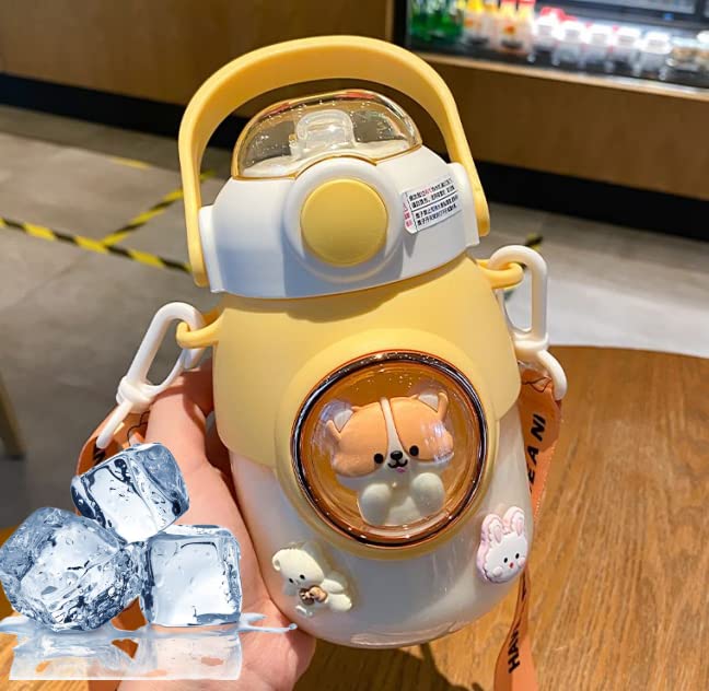 LEJN 28 oz Water Bottle Kawaii with Adjustable Shoulder Strap for Summer Cold Water Chill Portable Leakproof BPA-free Cartoon Children Cup Traveling Hiking Camping (Yellow820ml) - color: Yellow820ml