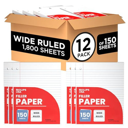 Wide Ruled Loose Leaf Paper Wide Ruled Notebook Paper Lined Writing Filler Paper 10.5” x 8” 56 gsm 1800 Sheets 150 Sheet Per Pack (12 Pack) - size: 12 Pack