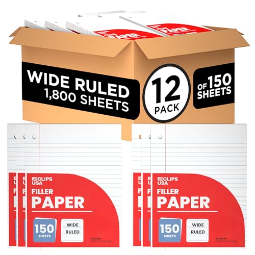 Wide Ruled Loose Leaf Paper Wide Ruled Notebook Paper Lined Writing Filler Paper 10.5” x 8” 56 gsm 1800 Sheets 150 Sheet Per Pack (12 Pack) - size: 12 Pack