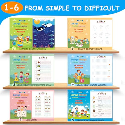 Large Magic Practice Copybook for Kids,Handwriting Grooved Practice Book 6 Pack with Pen Refill English Cursive Calligraphy Reusable Age 3-8（A4 Size） - style: 6PC Large Size