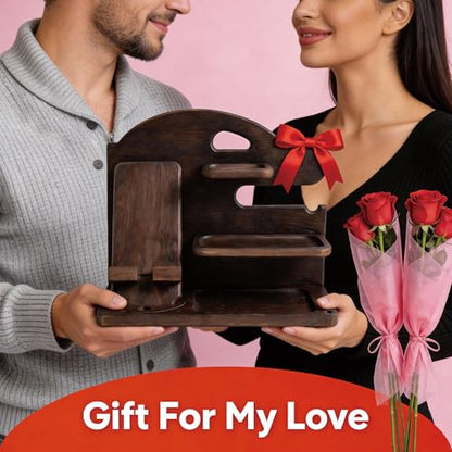 Wooden Phone Docking Station for Men, Solid Wood Nightstand & Desk Organizer, Ideal Gift for Dad and Husband