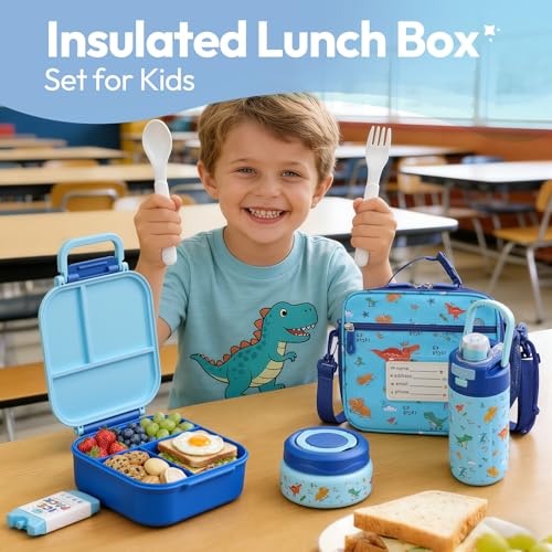 Itslife Bento Lunch Box for Kids Set, insulated food container, 7 oz thermos for hot food, 12 oz thermos water bottle, Reusable Insulated Ice Bag & Fork Spoon Utensils Camping Travel Blue-KL - color: Blue-KL