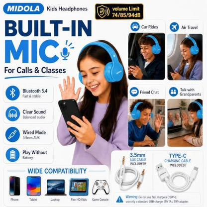 MIDOLA Kids Bluetooth Headphones 68H Play Time,Volume Limit 85/94dB, Foldable Lightweight Wireless Over-Ear Headphone for Kid Toddler Child Pad Tablet,Headsets with Built-in Mic Blue - color: Blue