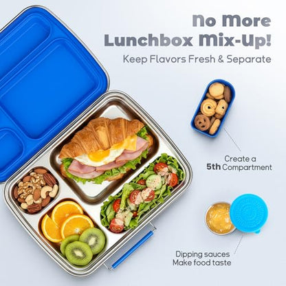 Stainless Steel Bento Box for Kids, Kids Lunch Box with 4-Compartment, Metal Lunch Box with Silicone Container & Sauce Cup, Durable Lunch Box Containers for School and Office (Blue) - color: Blue