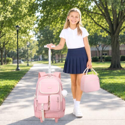 DIGOBAY Rolling Backpack for Girls, Girls Roller Backpack with Lunch Bag and Pencil Case, School Bookbag with Wheels for Elementary Middle High School Travel, Pink - color: Pink