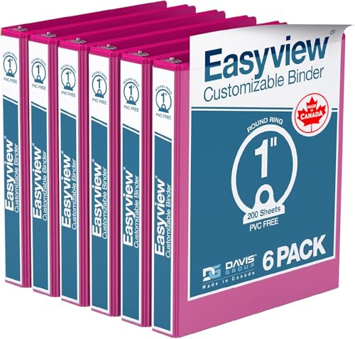 Easyview Premium 3-Ring Binders with Clear-View Covers and Round Rings, Binders for School or Office, 1 Inch, Pack of 6, Pink - color: Pink, size: 1 Inch, style: 6 Pack