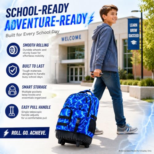 CCJPX Rolling Backpack for Boys, 3Pcs Roller Wheeled School Bookbag, Lightning Wheels Backpacks with Lunch Box for Kids (Blue) - color: Lightning Blue