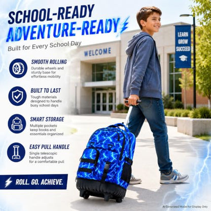 CCJPX Rolling Backpack for Boys, 3Pcs Roller Wheeled School Bookbag, Lightning Wheels Backpacks with Lunch Box for Kids (Blue) - color: Lightning Blue