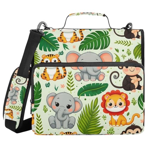 3 Ring Zipper Binder with Shoulder Strap Jungle Animals Palm Leaf 2 Inch Zippered Binder Bag 500 Sheet Capacity Multi Pockets for School Supplies - color: Multi1