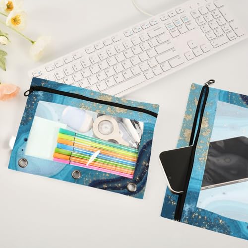 Kcldeci Pencil Pouch for 3 Ring Binder, Ocean Marble Blue Gold 2 Pack Binder Pencil Pouch with Clear Window Pencil Bags with Zipper Pencil Case for Binder - color: B09