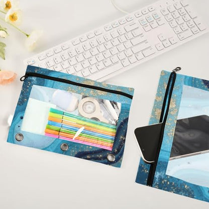 Kcldeci Pencil Pouch for 3 Ring Binder, Ocean Marble Blue Gold 2 Pack Binder Pencil Pouch with Clear Window Pencil Bags with Zipper Pencil Case for Binder - color: B09