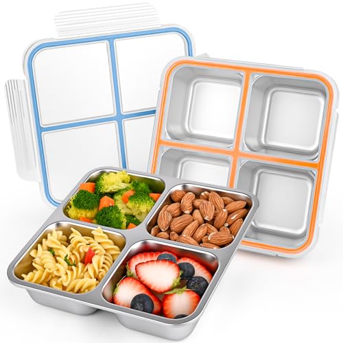 2 Pack Stainless Steel Snack Containers with Lids, Leakproof 4 Compartment Bento Lunch Boxes, Reusable Metal Meal Prep Food Storage Containers, Dishwasher Safe for Work, Travel, Picnic - color: 2-Blue/Orange