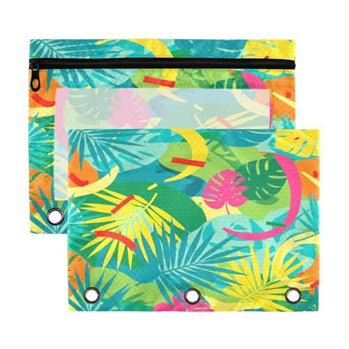Blueangle Tropical Leaves Pencil Pouch for 3 Ring Binder, 2 Pack Clear Window Zipper Pencil Bags for Office