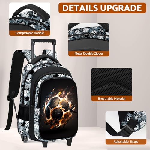 Boys Rolling Backpack for Kids - Soccer Kids Rolling Backpack with Wheels for Elementary Middle School Students - Sport Roller School Bookbag Aged 6-18, Wheeled Travel Bag Large Capacity - color: Soccer-002-backpack Only