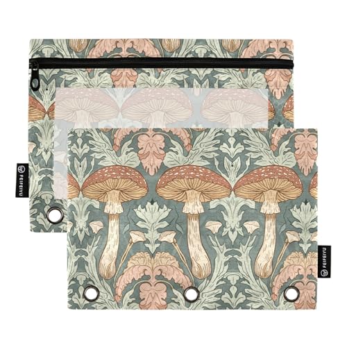 Fustylead Sage Green Mushroom Floral Binder Pencil Pouch for 3 Ring, Pencil Pouches Bags with Zipper Clear Window for School Office Cosmetic Supplies, 2 Pack - color: Mushroom
