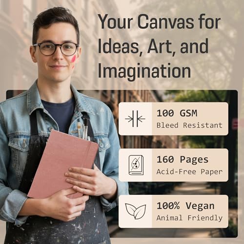 BROWNSTONE JOURNALS A5 Sketch Book Hardcover - 80 Sheets 100 GSM Paper 5"x8", Lay Flat, Vegan Leather Cover, Elastic Band, Back Pocket, Art Drawing Book (Rose Wood) - color: Rose Wood, size: A5 (5" x 8")