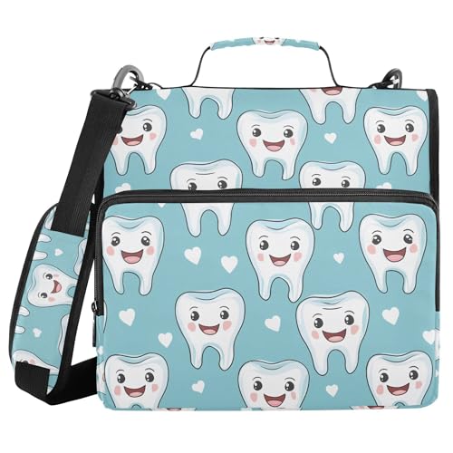 Cartoon Cute Teeth Dental Health Care Green Binder with Extra Pockets with Shoulder Strap Waterproof 1.5 Inch 3 Rings Storage Bag Portfolio Binder Office Supplies - color: Cartoon Cute Teeth Dental Health Care Green