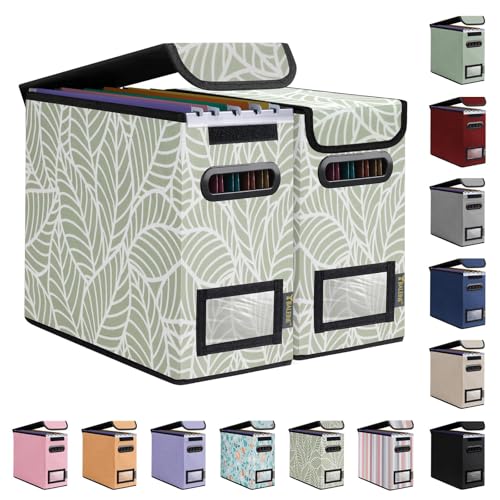 BALEINE File Organizer Box with Lid, Collapsible File Folder Organizer with Plastic Slide, Hanging File Folder Box for Office Document Storage (2 Pack, Antique Foliage, S) - color: Antique Foliage, size: 2 Pack (Slim)