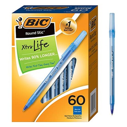 BIC Round Stic Xtra Life Ballpoint Pen with 1.0 mm Medium Point and Consistent Ink Flow, 60-Count in Blue Ink - color: Blue, size: 60 Count (Pack of 1)