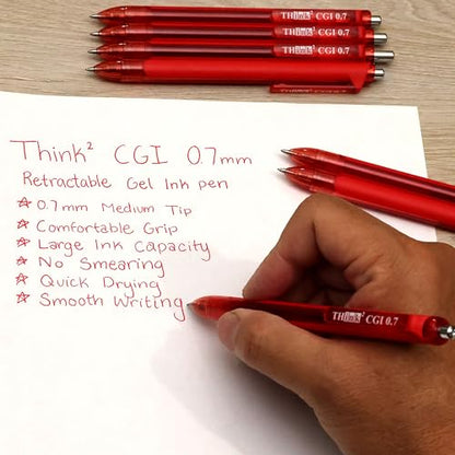 [24 Pens - Red Ink] Think2 0.7mm CGI Retractable Gel Pens. (24 Red) Medium Point Rollerball Pens with Smooth Quick Drying Ink. - color: Red
