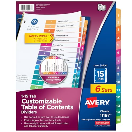 Avery 15 Tab Dividers for 3 Ring Binders, Customizable Table of Contents, Multicolor Tabs, 6 Sets (11197) - size: 6 sets