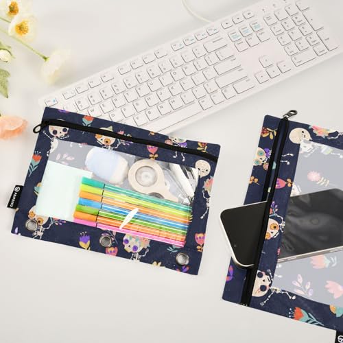 ZAZYXTJ Skull Binder Pencil Pouchs 3 Ring with Zipper Clear Window | Office Organizers bag for School Students Teacher Supplies 2 Pack - color: Skull