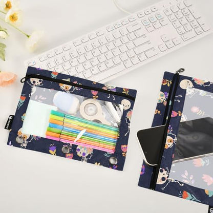 ZAZYXTJ Skull Binder Pencil Pouchs 3 Ring with Zipper Clear Window | Office Organizers bag for School Students Teacher Supplies 2 Pack - color: Skull