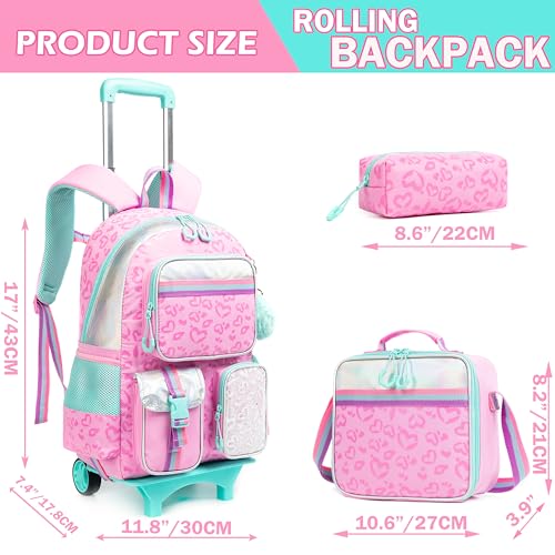 Meetbelify Girls' Rolling Backpack with Wheels - Cute Kawaii Carry On Backpack with Lunch Box for Elementary Students - Pink Love - color: Love Pink