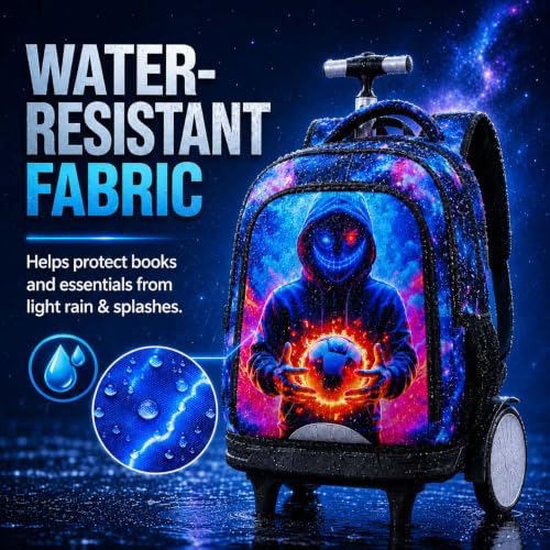 UFNDC Big Wheel Roller Bag, Water-Resistant Rolling Backpack for Boys with Lunch Box & Pencil Case, 3-Pack Kids Wheeled School Bookbag Travel Set - Devil Soccer - color: Rolling Backpack Devil Soccer Blue