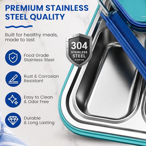 Large 10 x 7.5" Stainless Steel Bento Lunch Box with 4 Compartments Leakproof Lid BPA-Free 304 Stainless Steel Food Container That Keeps Food Separate for Adults and Kids School Office and Travel,Blue - color: Blue