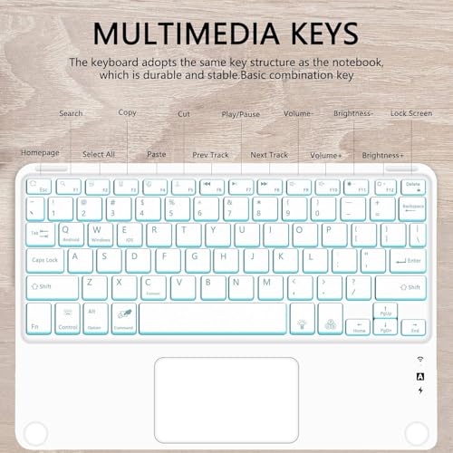 for Bluetooth Keyboard Touchpad Built, Cute Tablet Stand Adjustable & Foldable, 7-Color Wireless Rechargeable Bluetooth for iPad, iPad Pro/Mini/Air,Samsung Xiaomi Tablets, etc-Pure White - color: D-Touchpad Backlight Keyboard-Pure White
