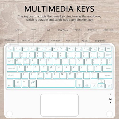 for Bluetooth Keyboard Touchpad Built, Cute Tablet Stand Adjustable & Foldable, 7-Color Wireless Rechargeable Bluetooth for iPad, iPad Pro/Mini/Air,Samsung Xiaomi Tablets, etc-Pure White - color: D-Touchpad Backlight Keyboard-Pure White