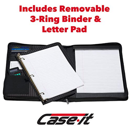 Case-it Zipper Padfolio | Letter Size | 3-Ring Binder | PAD-40 Black | Executive, Removable 3-Ring Binder, Letter Size Writing Pad, 6-Pack, School & Office - color: Pad-40-black-c, size: 6 Pack