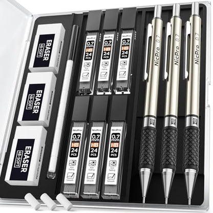 Nicpro 0.7 mm Art Mechanical Pencil Set in Storage Case, 3 PCS Metal Drafting Pencil Lead Pencil with 6 Tube HB Lead Refills, 3 Erasers, 9 PCS Eraser Refills for Artist Writing, Drawing, Sketching - style: 3 Pack (0.7mm)