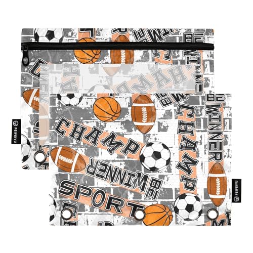 ZAZYXTJ Basketball Football Ball Binder Pencil Pouchs 3 Ring | with Zipper Clear Window Office Organizers bag for School Students Teacher Supplies 2 Pack - color: Ball