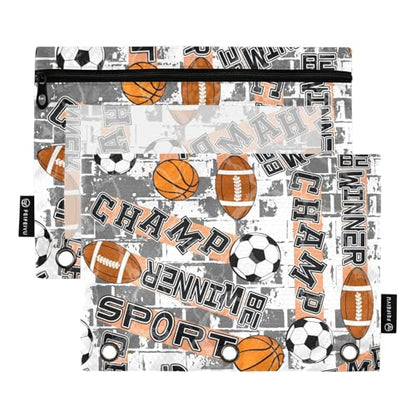 ZAZYXTJ Basketball Football Ball Binder Pencil Pouchs 3 Ring | with Zipper Clear Window Office Organizers bag for School Students Teacher Supplies 2 Pack - color: Ball