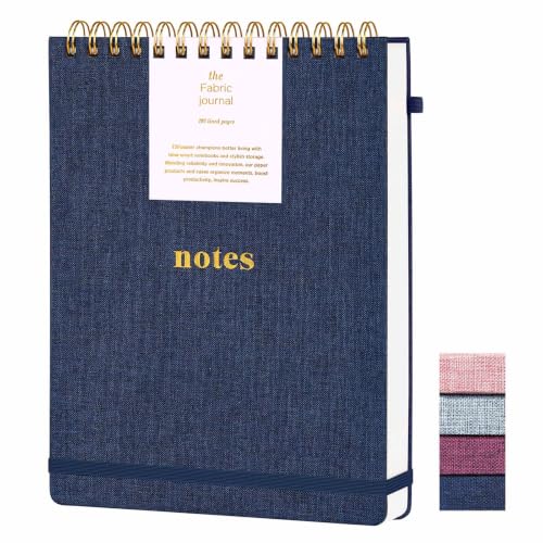 B5 Top Spiral Notebook, College Ruled Journal | Fabric Cover Steno Pads, Elastic Band & Pen Holder, 100GSM Thick Paper, 192 Lined Pages for School, Travel, Daily Writing - color: Dark Blue, size: B5-Steno Pads-192pages