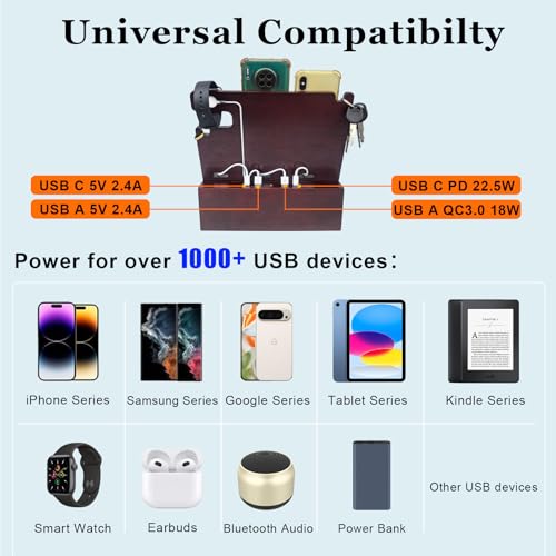 Nightstand Organizer with Drawer Built in 4 USB Charger, Wood Phone Docking Station with Dual Phone Charging Station for Apple Android Phones Anniversary Birthday Gifts for Men Dad Hunsband Mom