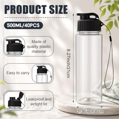 Mifoci 40 Pieces Plastic Water Bottle Bulk for Kids Adults 17 oz Reusable Large Water Bottle Bulk with Handle Strap Lightweight Leakproof Flip Top for Party Outdoor School(Clear,Black) - color: Clear,Black